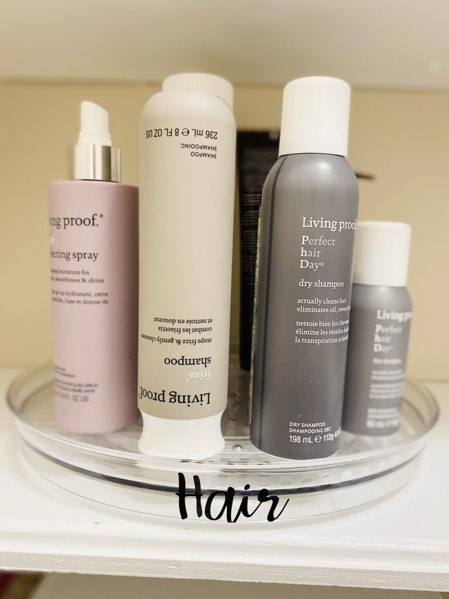 A turntable labeled Hair holding shampoo, dry shampoo and styling spray