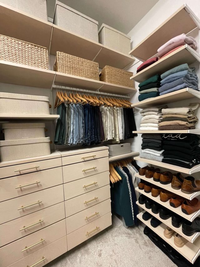 Custom closet system organized by category with matching hangers