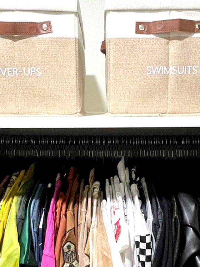 Swimwear and cover-ups organized together in a seasonal closet zone