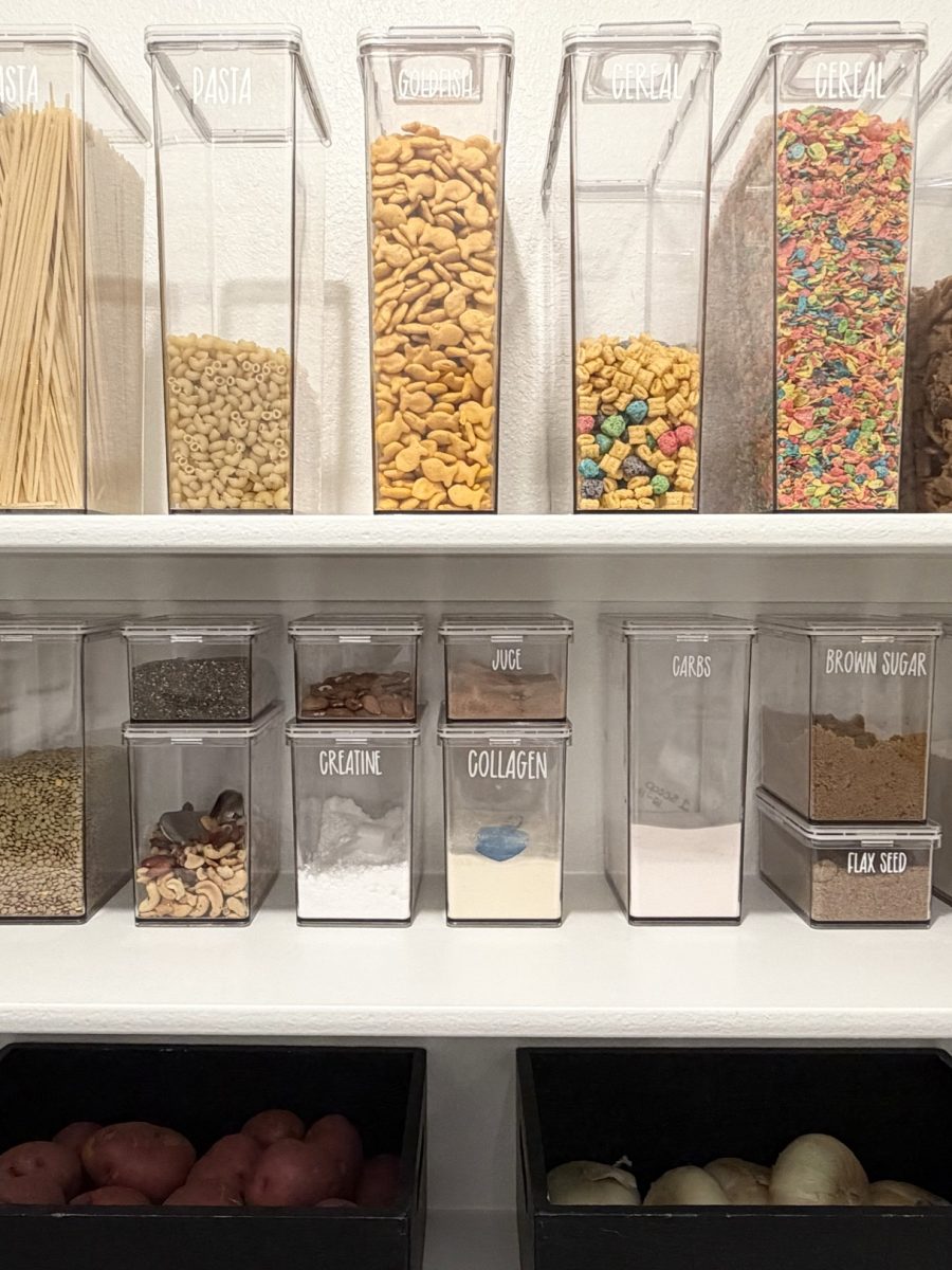 Dry goods in labeled clear canisters above bins and two produce trays
