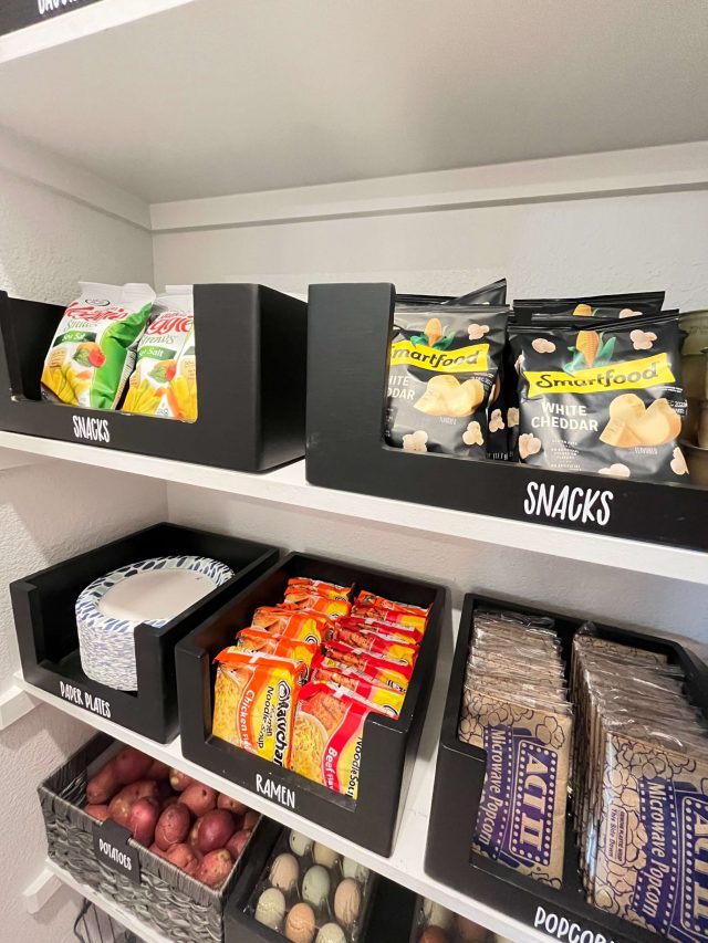 Pantry shelves with labeled bins grouped into food categories