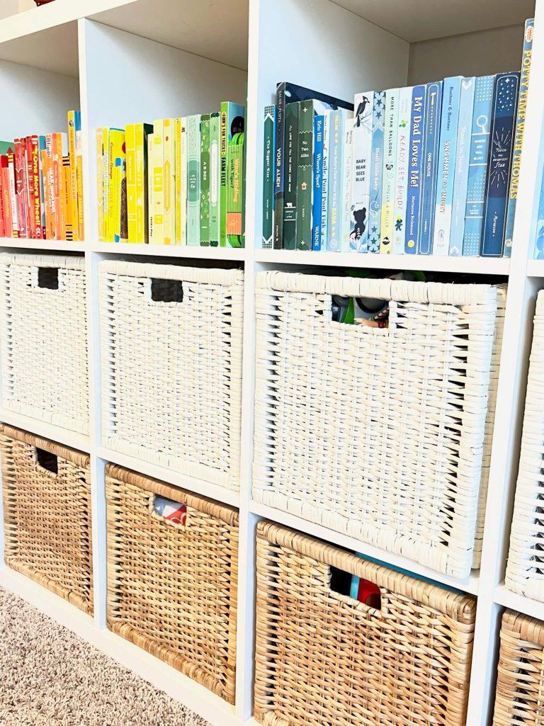 Playroom with labeled bins sized for young children to reach