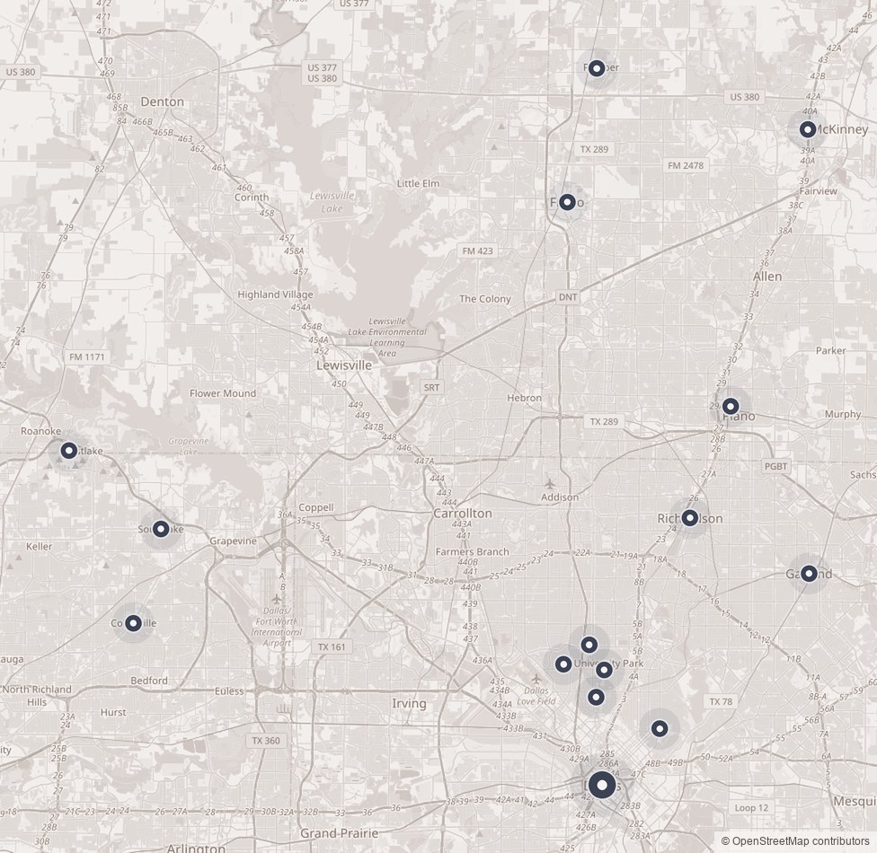 Map of Dallas-Fort Worth marking the fifteen areas Messy Buns Organized Spaces serves, from Colleyville and Westlake in the west to McKinney and Garland in the east, and north to Prosper