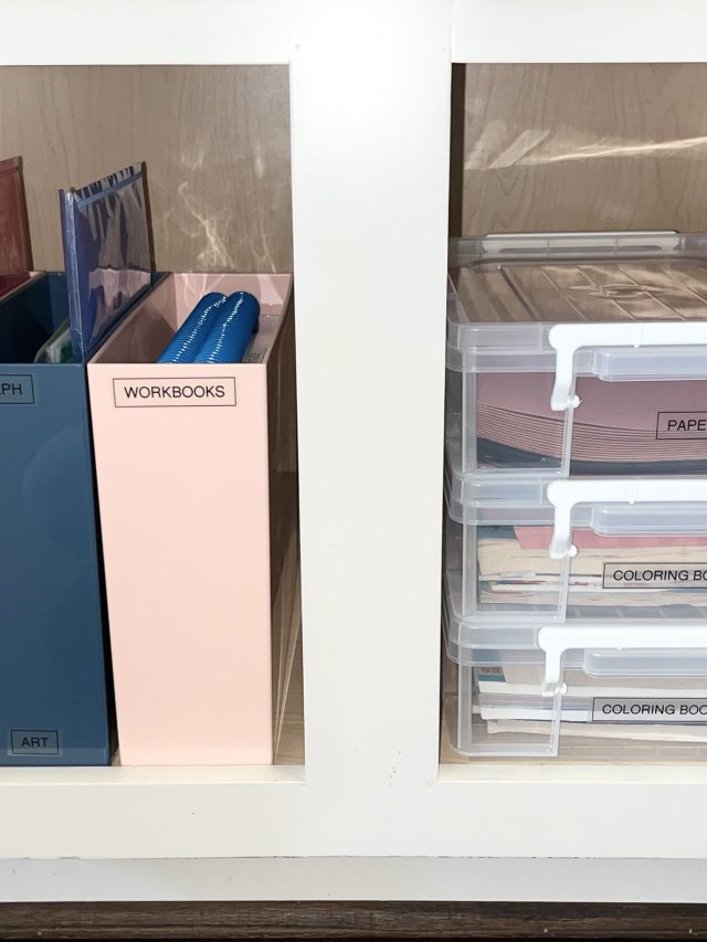 A homework cabinet with labeled binders and clear bins for art supplies