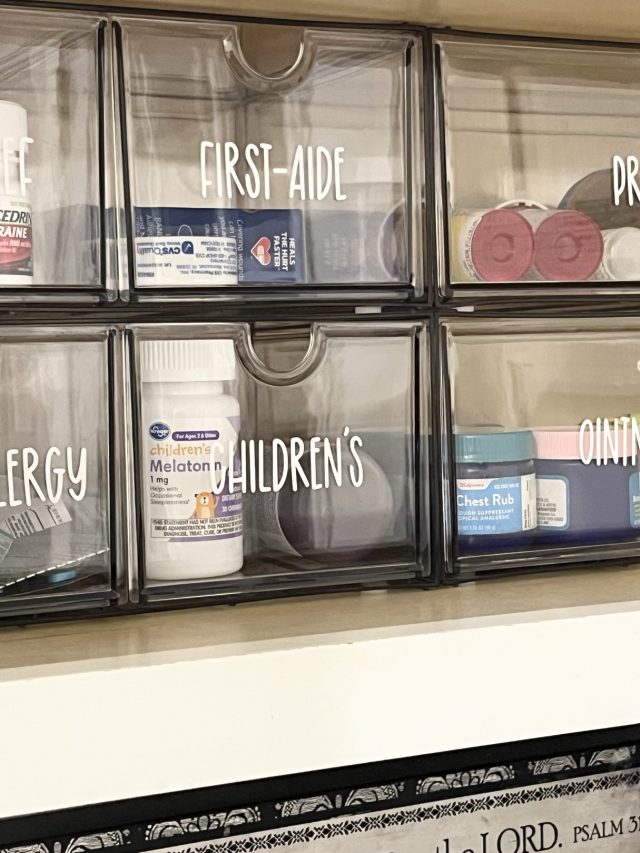 A medicine cabinet with clear bins labeled pain relief, first aid and prescriptions